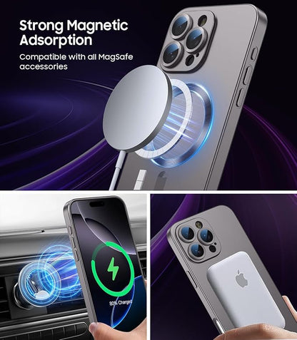 Magnetic for iPhone 16 Pro Case [Compatible with MagSafe][Built-in Camera Lens Protector] Slim Soft Silicone Bumper Shockproof Metallic Phone Case (Titanium Gray)