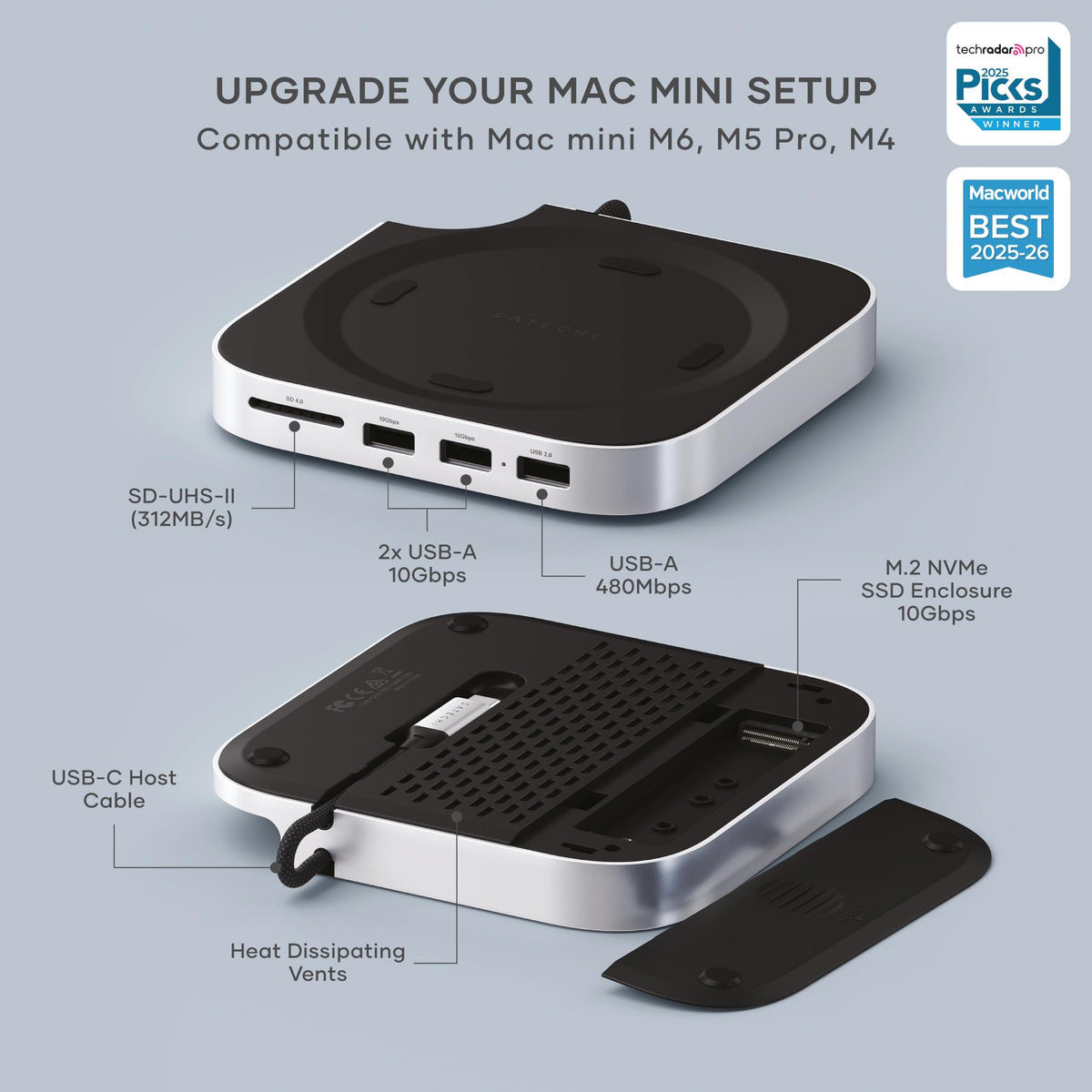 Satechi Mac mini M6, M5 Pro, M4 Hub & Stand with NVMe SSD Enclosure, Silver