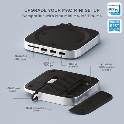 Satechi Mac mini M6, M5 Pro, M4 Hub & Stand with NVMe SSD Enclosure, Silver