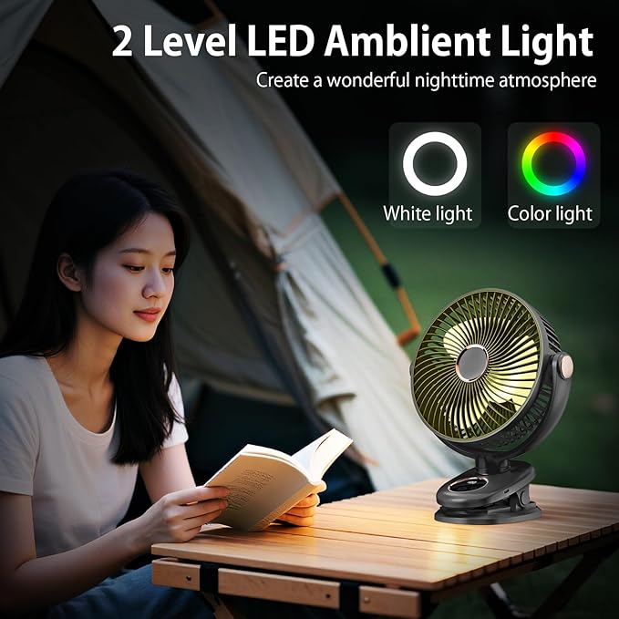 iNeibo 10000mAh Portable Clip on Fan, 90° Oscillating Fan, 8 Inch Rechargeable Battery Operated Desk Fan, Strong Airflow, 5 Speeds, Sturdy Clamp for Golf Cart Home Office Outdoor Travel (Black)