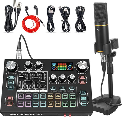 RHM Podcast Equipment Bundle with 48V Phantom Power & Condenser Microphone, 4 Customized Soundpads, 12 Preset Sound Effects, 4 Voice Changing Modes & LCD Display, for PC/Phone/Live Streaming