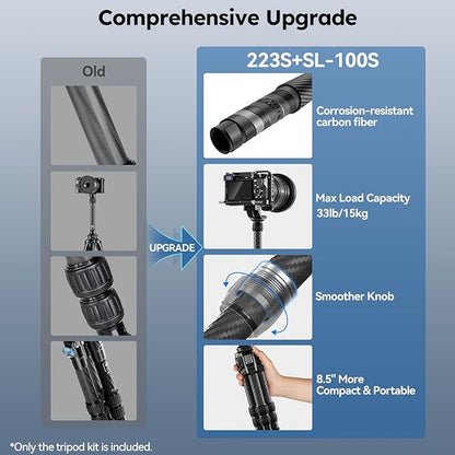 SIRUI Mini Carbon Fiber Tripod with Extendable Center Column, Max Height 26", Supports 33lbs - Ultra-Light 1.7lbs for Desk & Travel, New Anti-Corrosion Carbon Fiber(AM-223S+SL-100S)
