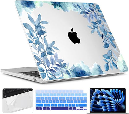 TWOLSKOO for MacBook Air 15 inch Case 2026 2025 2024 2023 Release M5 A3448 M4 A3241 M3 A3114 M2 A2941, Plastic Hard Shell & Screen Protector & Keyboard Cover & Trackpad Film, Blue Floral