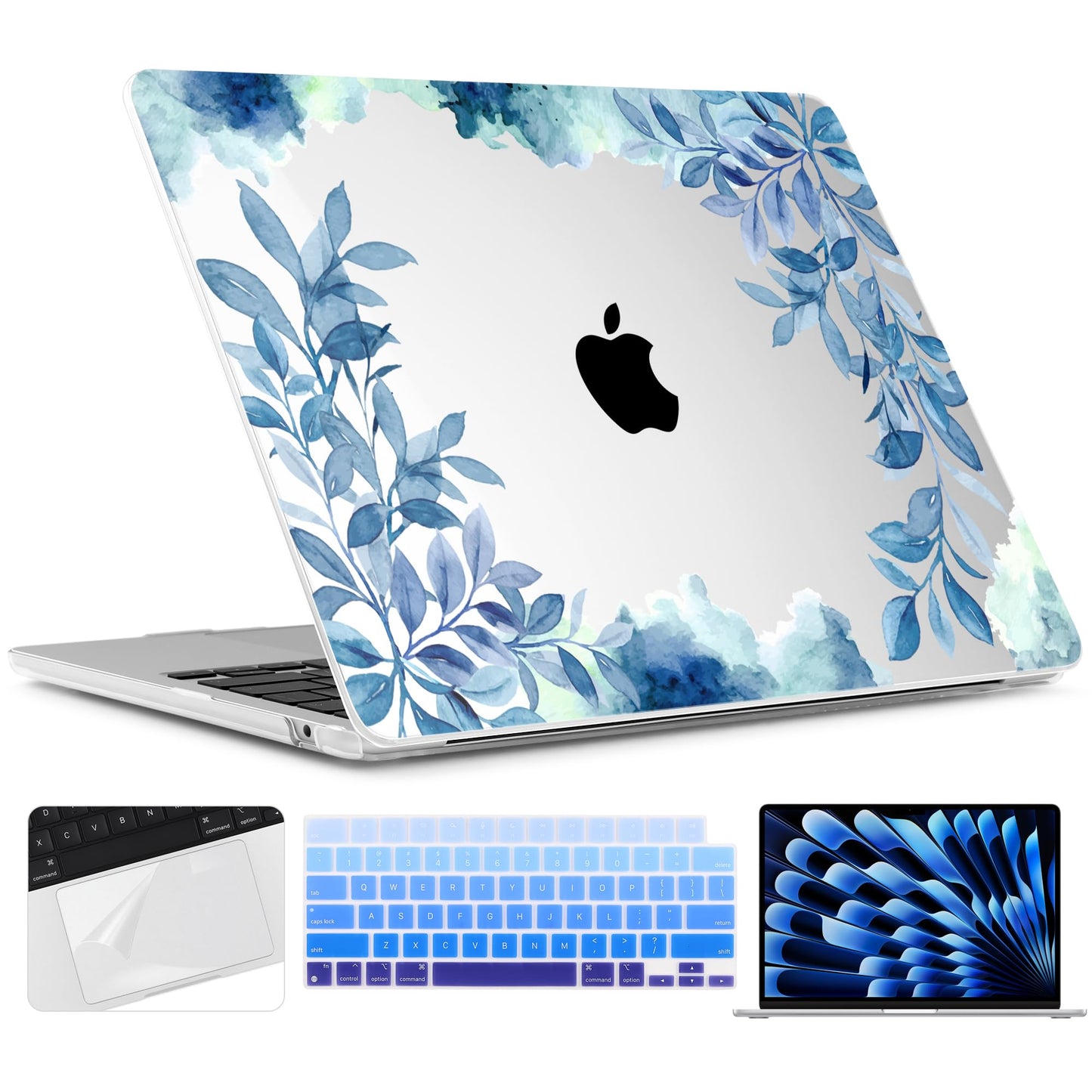 TWOLSKOO for MacBook Air 15 inch Case 2026 2025 2024 2023 Release M5 A3448 M4 A3241 M3 A3114 M2 A2941, Plastic Hard Shell & Screen Protector & Keyboard Cover & Trackpad Film, Blue Floral