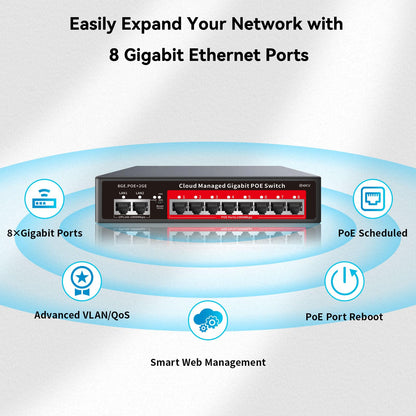 8 Port Gigabit PoE Switch with 2 Gigabit Uplink, 120W Built-in Power, 802.3af/at Compliant, Managed PoE+ Switch Support VLAN, QoS, Fanless Metal, Plug and Play(Desktop/Wall Mount)