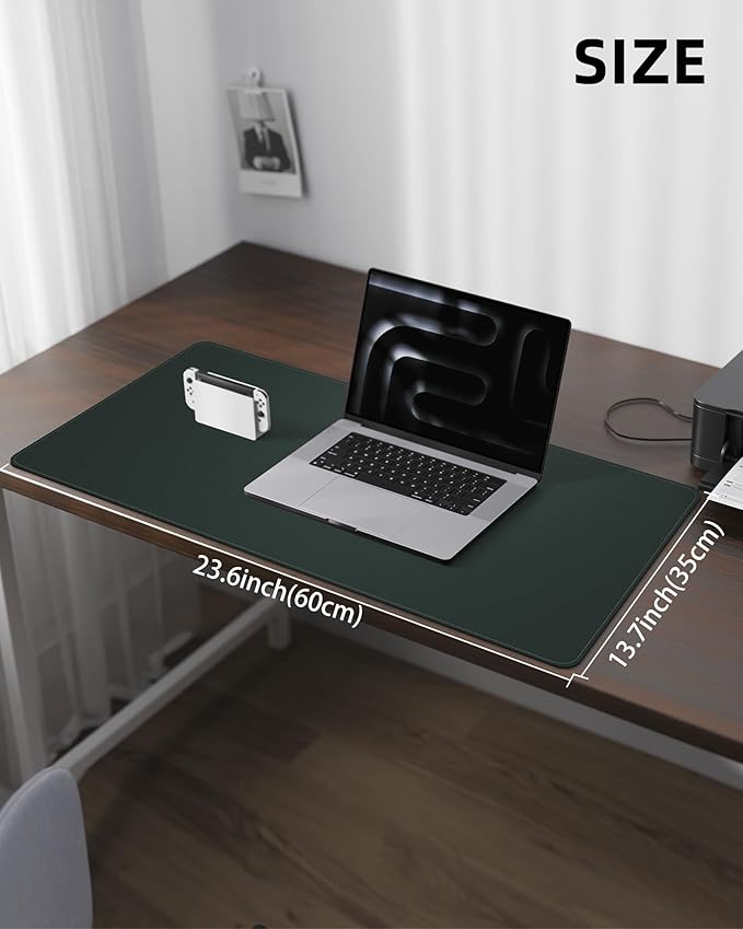 AFIING Desk Pad Protector 23.6" x 13.7" - Non-Slip Waterproof PU Leather Desk Mat for Mouse, Keyboard, Laptop, Office and Home Workspace (Dark Green)