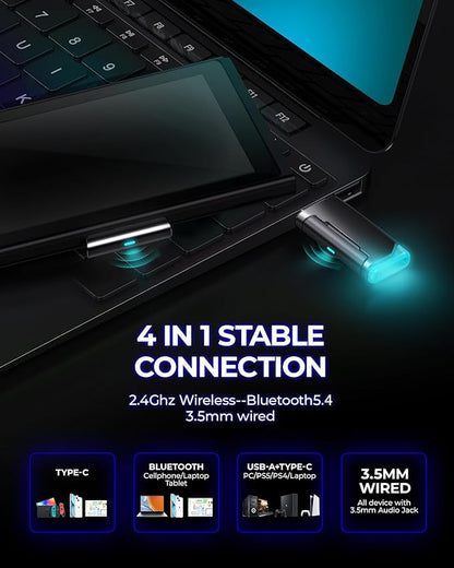 Wireless Gaming Headset, 7.1 Surround Sound, 2.4GHz USB Gaming Headphones with Bluetooth 5.4, 100H Battery, ENC Noise Canceling Mic, RGB Light, Wireless Headset for PC PS5 PS4 Mac Switch (Black-Blue)