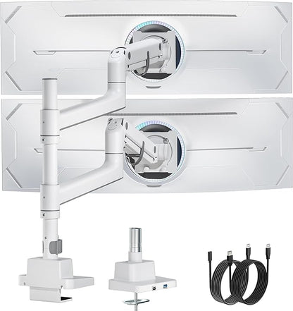 monTEK 17-57 Inch Dual Ultrawide Monitor Arm for Up to 59.4lbs Screen, Aluminum Heavy-Duty Gas Spring Vertical Stackable Curved Screen Adjustable Monitor Stand,75/100mm Vesa Mount, White