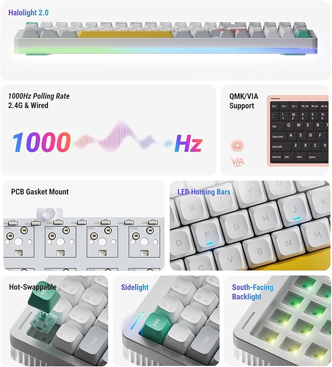 nuphy Halo96 V2 Wireless Keyboard,Gasket Structure,96% Hot Swappable Gaming Keyboard, 99 Kyes RGB Backlit Mechanical Keyboard, Support QMK/VIA,Bluetooth/USB-C/2.4GHz-White,Raspberry Switches(46gf)