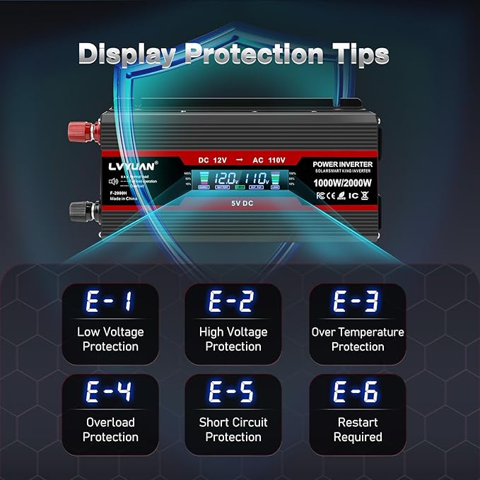 LVYUAN 1000W Car Power Inverter 12V to 110V DC to AC with 2 US Sockets, Cigarette Lighter, LCD Display, USB Ports for Car, Home,Outdoor, Camping
