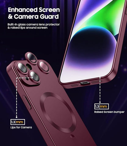 Magnetic for iPhone 14 Case [Compatible with MagSafe][Built-in Camera Lens Protector] Slim Soft Silicone Bumper Shockproof Metallic Luster Phone Case (Burgundy)