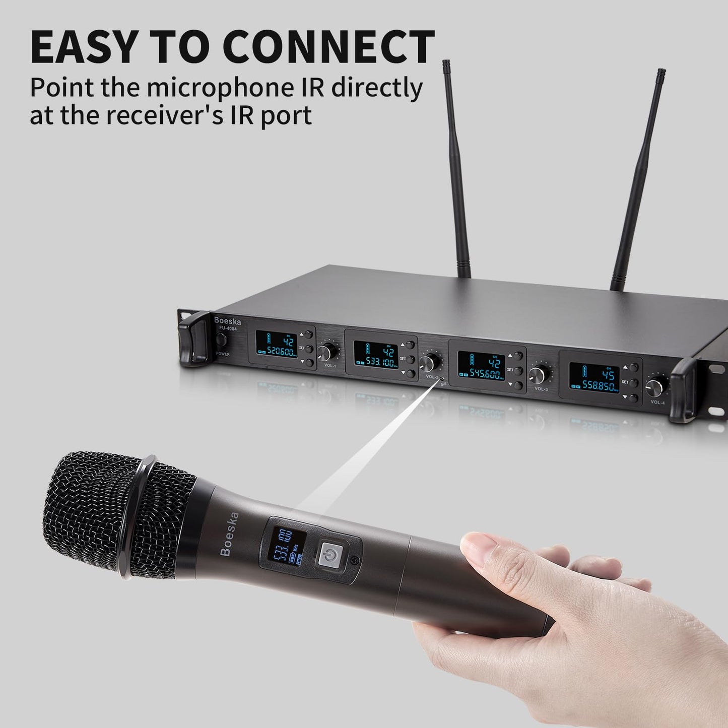 Boeska Wireless Microphone System, 4-Channel UHF Wireless Mic, Fixed Frequency Metal Cordless Mic with 4 Handheld Dynamic Microphones, 200ft Range, Mics for Singing, Church (4 Handheld)