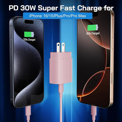 30W USB C i Phone 16 15 Charger Fast Charging, 2PACK Wall Charger for iPhone 16 15 Pro Max Charger Cord 6.6FT Fast Type C Charger Block for iPhone 16/16 Pro/15 Plus/15 Pro/15 Pro Max, iPad Pro, Pink
