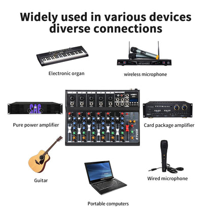 Dj Mixers 7 Channel Audio Mixer Sound Board with Bluetooth, Usb Audio Interface with 48V Phantom Power Sounds Mixer Board with FX Reverb Delay Effect for Streaming