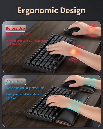 ASFSKY Keyboard and Mouse Wrist Rest Set - Memory Foam & Wooden Base Ergonomic Wrist Support Pad with PU Leather Cover, Non-Slip, Durable & Easy-to-Clean Wrist Cushion for Office, Gaming Desk