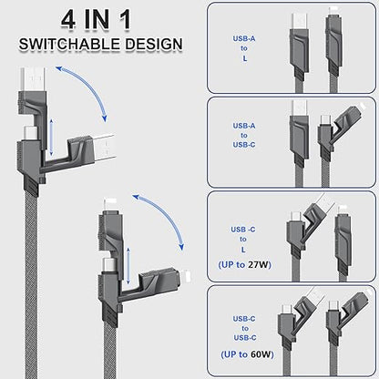 4-in-1 USB C Cable for Lightning Cable [60W Fast Charging], 2Pack (3FT+6FT) Flat Braided USB C to USB C Charger Cord with L/Type C/USB A Multi Ports for iPhone/Samsung Galaxy/i-Pad/Mac Book