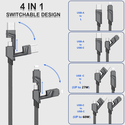 [2-Pack] 60W Multi Charging Cable 6FT, 4 in 1 USB C Cable Fast Charging Cord, Flat Braided Dual Type C & Lightning Multi Charger for iPhone 17 16 15 Pro Max/Air, Samsung S24 S23, Pixel, Car & Travel