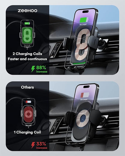 Wireless Car Charger, ZEEHOO DUOXX Dual Coils 15W Fast Charging Auto-Clamping Car Mount, Dashboard, Vent Charging Phone Holder Smart Sensor Cradle for iPhone 15 14 13 12, S23 Ultra, Z Flip4 3, etc