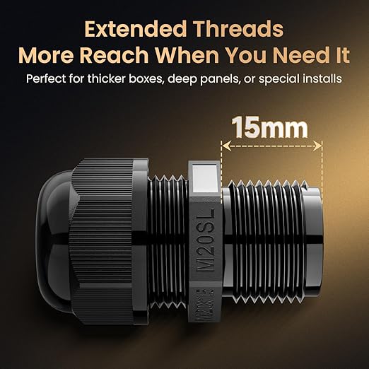 QILIPSU 10pcs M20SL Long Thread Cable Gland Waterproof IP68 Nylon Strain Relief Cord Grip Cable Pass Through Wire Connector