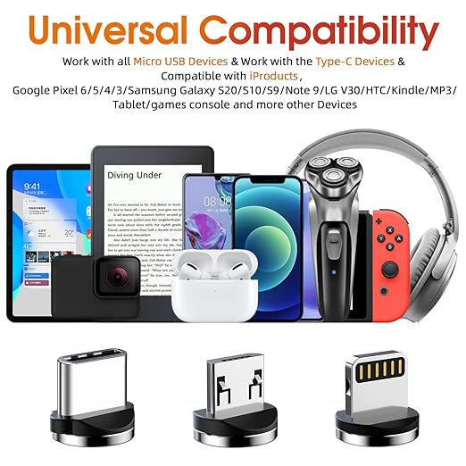 Magnetic Charging Cable, 540 Rotating Phone Charger [6-Pack, 3ft/3ft/3ft/6ft/6ft/10ft] 3 in 1 USB Cable Nylon Braided for iProduct/Micro USB/Type C Device-Red
