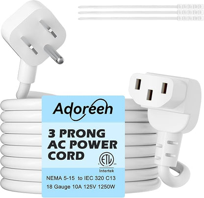 Adoreen 2 Ft Computer TV Replacement Power Cord White, Low Profile Flat Plug to 90 Degree Angled L-Shaped 18AWG 3-Prong AC Universal Power Supply Cable for Printer, PC, Monitor TV LCD, ETL+Ties