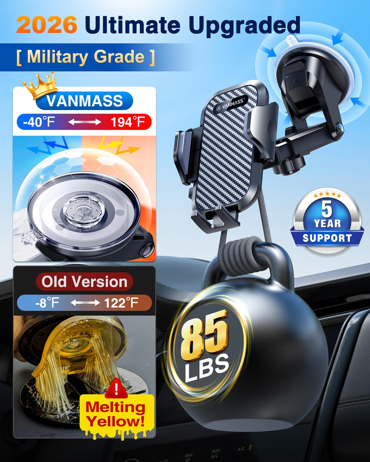 VANMASS Car Phone Holder 2026 Ultimate Military-Grade Strongest Suction & Clip Windshield Dashboard【Newest Best Strongest】Cell Phone Shower & Wall Mounts for iPhone 17 Pro Max 16 15 14 13 Android