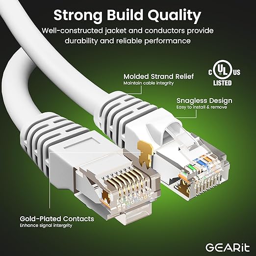 GEARit Cat 6 Ethernet Cable (10-Pack 5 Feet) Cat6 Network Patch, 10Gbps, RJ45, Snagless Cord, Gold-Plated Connectors, Internet for PC, TV, Tablet, Router, Printer, Servers, IT Data Center - White