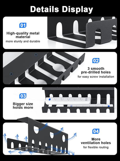 Delamu 2 Pack Metal Under Desk Cable Management Tray, U-Channel Cord Organizer Box, Office Under Desk Cord Organizers, Cable Management with Various Accessories, Black, 15.75 Inches