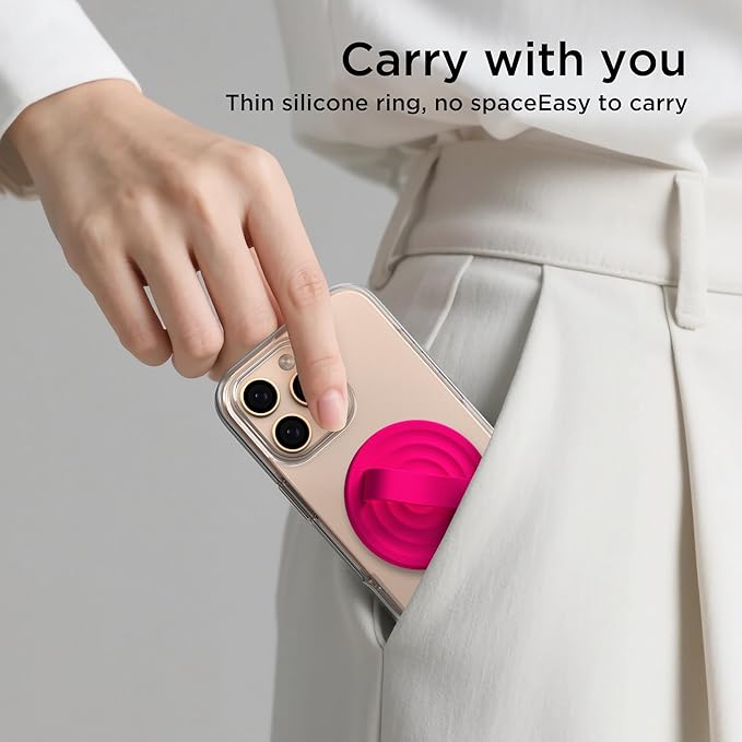 Magnetic Phone Ring Grip Holder, Silicone Finger Loop Grip, Compatible with MasSafe, Back of Phone for iPhone Pro Max/Plus/16/15/15/14/13/12 Series, Neon Pink