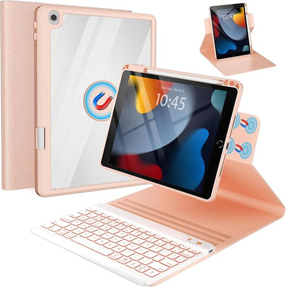 Keyboard Case for iPad 9th/8th/7th Generation-10.2 inch 2021/2020/2019, iPad Pro 10.5-inch, iPad Air 3 Gen Case with Backlit Keyboard, 360° Rotatable Detachable Folio with Pencil Holder (Pink)