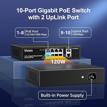 8 Port Gigabit PoE Switch with 2 Uplink Gigabit Ports, VIMIN 10 Port Unmanaged Ethernet PoE Switch with 120W Power, Support IEEE802.3af/at, VLAN, Metal Housing, Desktop or Wall-Mount, Plug & Play