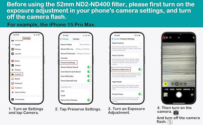52mm Variable ND2-ND400 Filter with Upgraded Phone Clip, Neutral Density Filter Lens for iPhone 16/15/14/13 Pro Max Samsung Moto Google TCL, HD Double-Sided Multi-Coated Glass