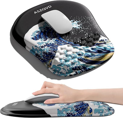 Mouse Pad with Wrist Rest, Ergonomic Mousepads with Wrist Support, Soft Lycra Fabric Memory Foam Office Desk Accessories for Comfort/Pain Relief/PC Gaming/Computer/Laptop (Black Kanagawa)