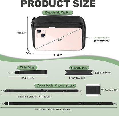 Clip and Go Strap for Phone with Wallet Crossbody, Adjustable Phone Lanyard with Detachable RFID Wristlet Wallet, Universal Phone Strap with 360° Rotatable Phone Tabs for All Phones (Black)