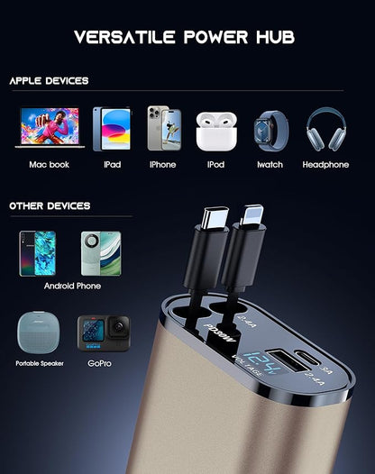 Retractable Car Phone Charger, 4 in 1 Fast Charge Car Phone Charger with 2 Retractable Cables(2.6ft) and 2 USB Ports, Compatible with iPhone15/14/15 Pro Max,Samsung (Gold)