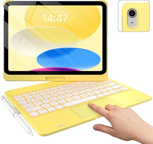 typecase Touch iPad 11th 10th Generation Case with Keyboard (11" 2025, A16 & 10.9" 2022) – 360° Rotatable, 11-Color Backlit, Multi-Touch Trackpad, Pencil Holder, Thin & Light – Yellow