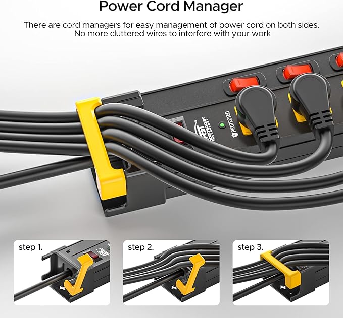 CRST 12 Outlets Long Power Strip, 9 FT Cord Metal Wall Mount Surge Protector Power Strip with Individual Switches and Cord Manager, 1020J, 15Amp/1875W for Garage,Workshop, Office, Home