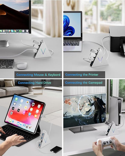 USB 3.0 Hub,4 Port USB Hub Tower,2ft Cable USB Splitter for Laptop,PC, PS4,PS5,Xbox,Mouse,Keyboard, Flash Drive, U-Disk (White)
