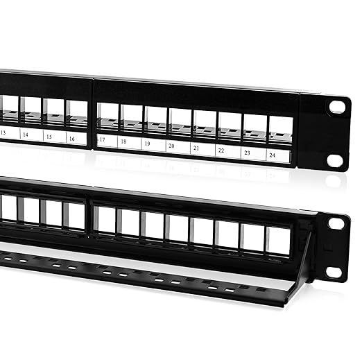 NewYork Cables 24 Port Blank Keystone Patch Panel 1U 19 Inch Rack Mount, Snap-in Modular Design, Cat6 Network Ethernet Panel, Heavy Duty Steel, for Server Racks, Supports Slim Keystone Jacks Only