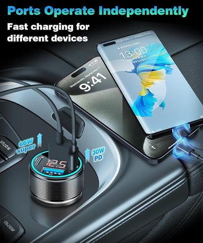 66W USB C Car Charger 4 Port Car Charger Adapter with 30W PD, 3.1A Aluminium Alloy Car Cigarette Lighter USB Charger with LED Voltmeter Compatible with Phone 15 14 13