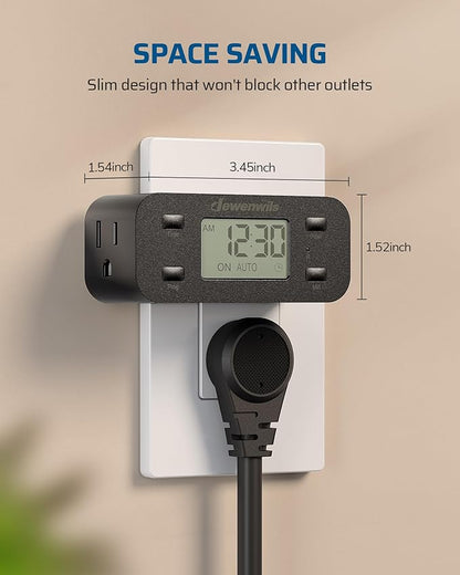 DEWENWILS 24 Hour Programmable Digital Timer Outlet with 1 Grounded Outlet, 2 Pack Timers for Electrical Outlets, 3 Prong Light Timer for Indoor Lamp Fan Aquarium, 125V/15A/1000W, 1/2 HP, Black