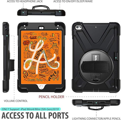 BRAECN iPad mini 5 Case,iPad mini 4 Case, Heavy Duty Shockproof Protective Rugged Case with Pencil Holder,Hand Strap,Kickstand, Shoulder Strap for iPad mini 5th/4th Generation 7.9 Inch for Kids-Black