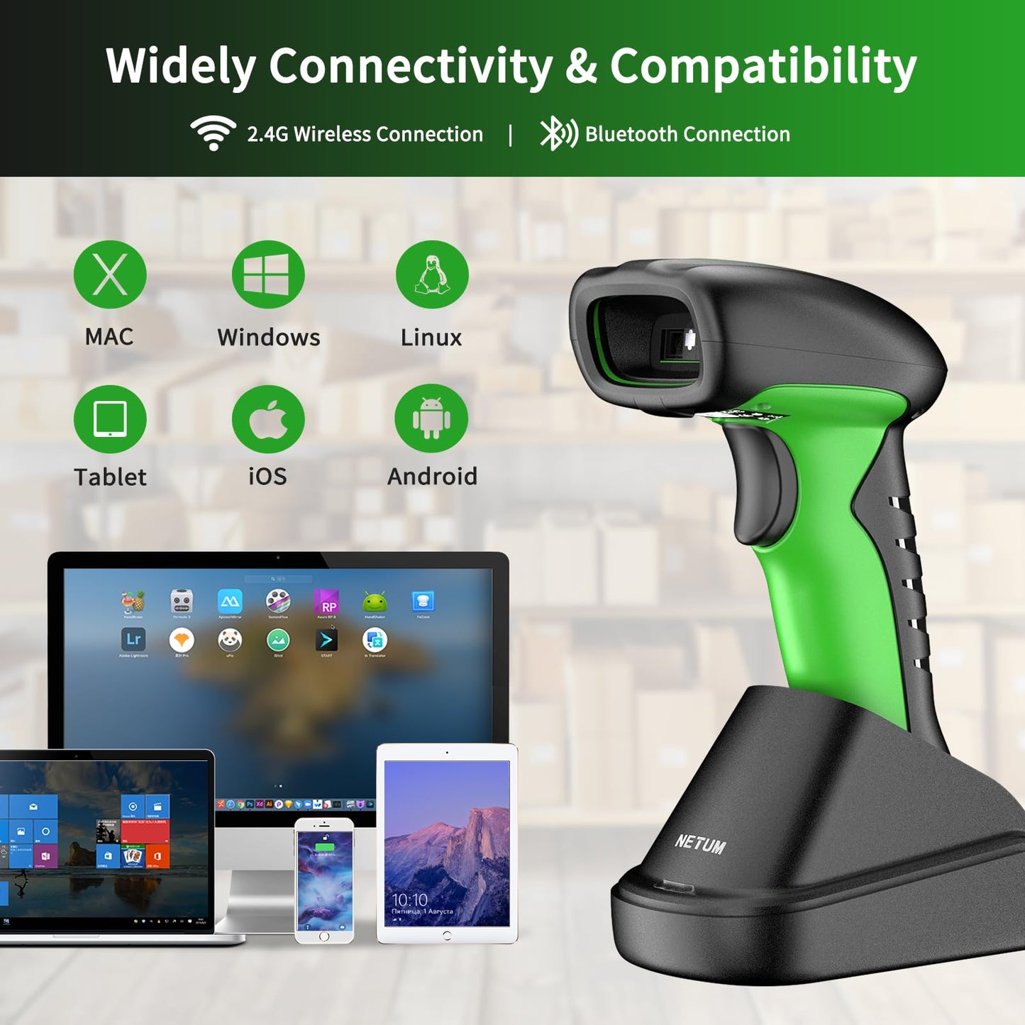 NETUM 2D QR Industrial Bluetooth Barcode Scanner with Charging Dock