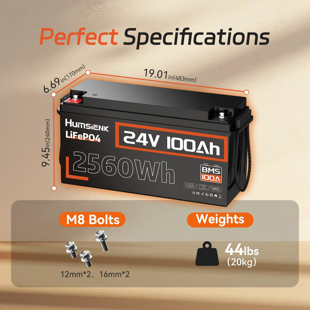 HumsiENK 24V 100Ah LiFePO4 Lithium Battery, Built-in 100A BMS with Low-Temp