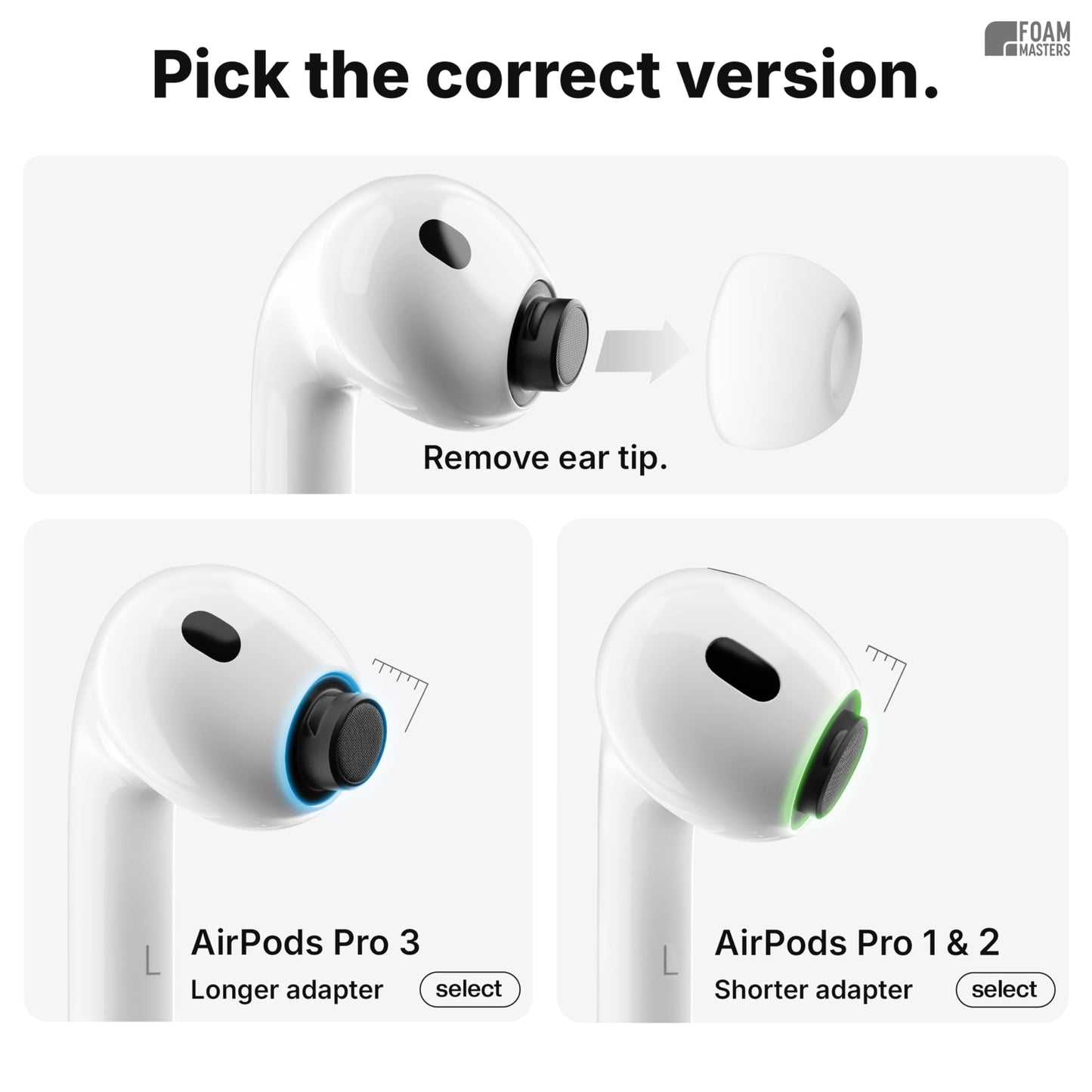 Foam Masters Ultra-Premium Memory Foam Ear Tips for AirPods Pro 1st & 2nd Gen | 3 Pairs | New Ver. | Secure Fit | Super Comfort | Better Noise Cancel | Replacement Buds (Small, Blue)
