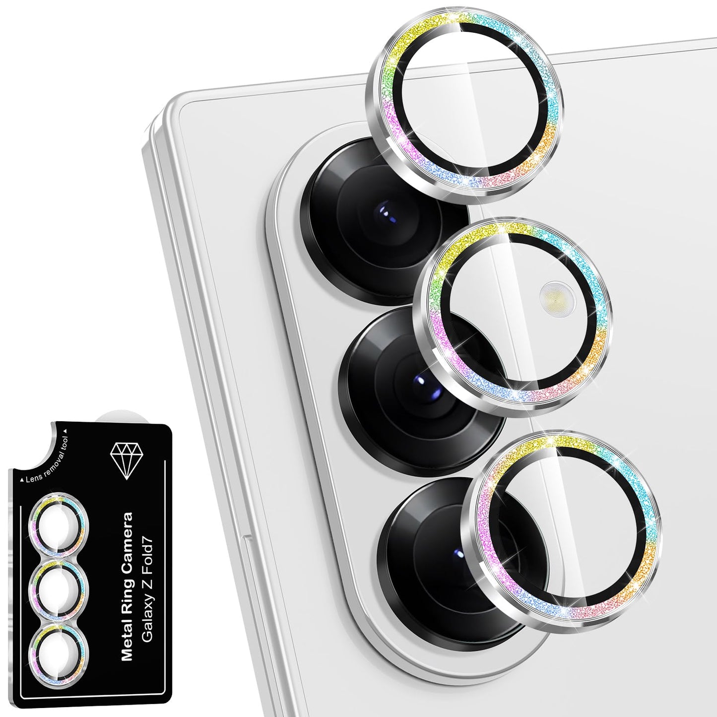 Avocase for Samsung Galaxy Z Fold 7 Camera Lens Protector, Individual Metal Ring Tempered Glass Lens Cover, [Strong Adsorption] Scratch Resistant Ultra-Thin HD Clear Lens Cover, 1 Set-Colorful Sparkly