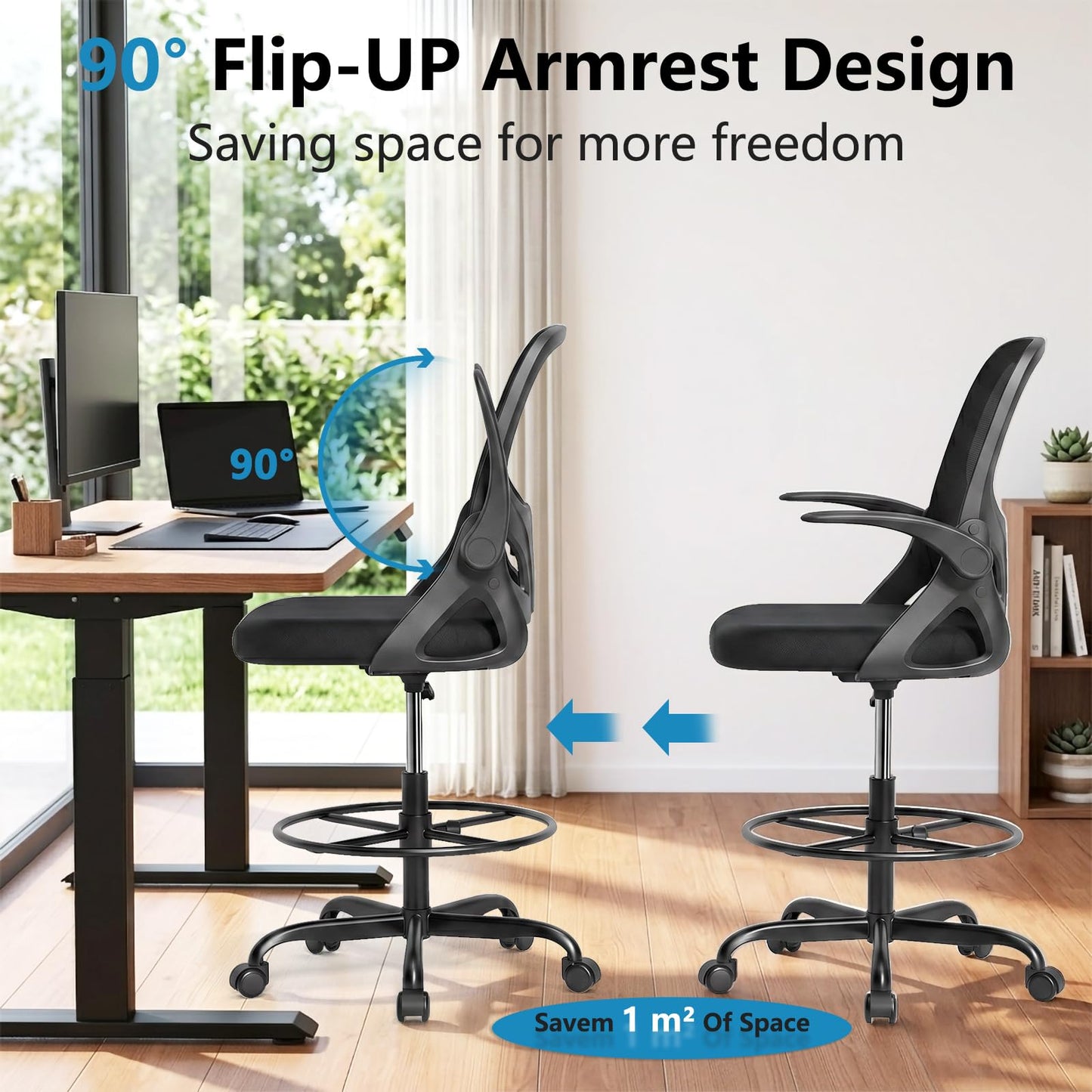 Kensaker Drafting Chair Tall Office Chair, Ergonomic Standing Desk Chair with Adjustable Foot Ring and Flip-up Armrests, Mesh Computer Chair for Art Studio, 300 LBS, Black
