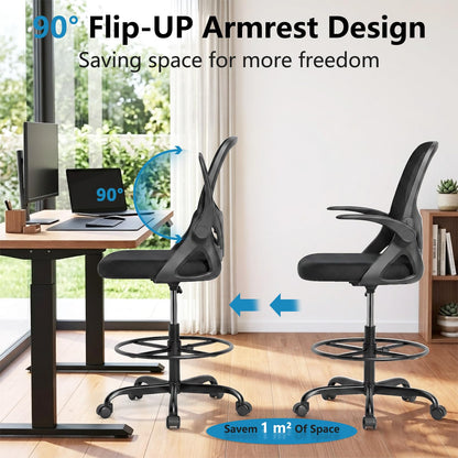 Kensaker Drafting Chair Tall Office Chair, Ergonomic Standing Desk Chair with Adjustable Foot Ring and Flip-up Armrests, Mesh Computer Chair for Art Studio, 300 LBS, Black