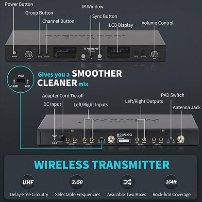 Phenyx Pro in Ear Monitor for Musicians, UHF Wireless in-Ear Monitors System, Mono 2-Channel IEM, Metal Stage Monitor w/ 2x50 Frequencies, 164ft Long Coverage, Rack Mount Kit (PTM-22, 4 Bodypacks)