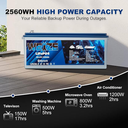 WEIZE 24V 100AH Bluetooth LiFePO4 Lithium Battery, Grade A Cells, 150A BMS, Low-Temp Protection Deep Cycle 500A/3S Peak Discharge Battery for Trolling Motor, Solar System, RV, Camping, Off Grid
